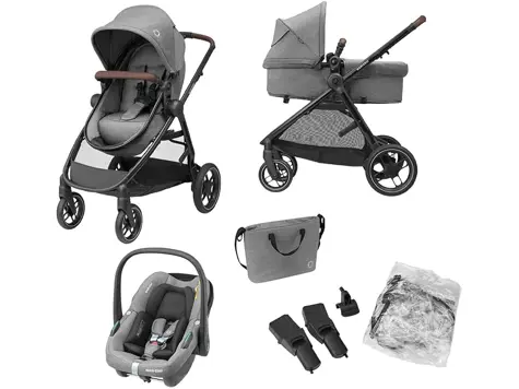 Maxi-Cosi Zelia S Trio: Cochecito Bebé Reclinable, 3 Piezas, Plegable, Compacto - Gris.