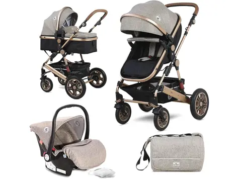 Lorelli - Carrito bebé 3 en 1 convertible LORA - Beige y negro con chasis dorado.