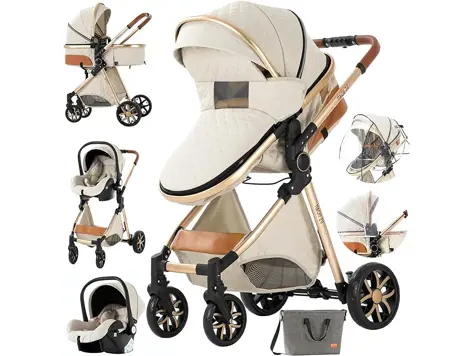 Carrito de bebé 3 en 1: Capazo, silla de paseo y cochecito (Creamy White-1)