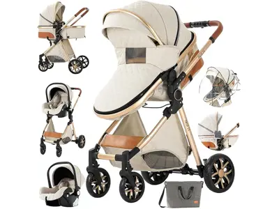 Carrito de bebé 3 en 1: Capazo, silla de paseo y cochecito (Creamy White-1)